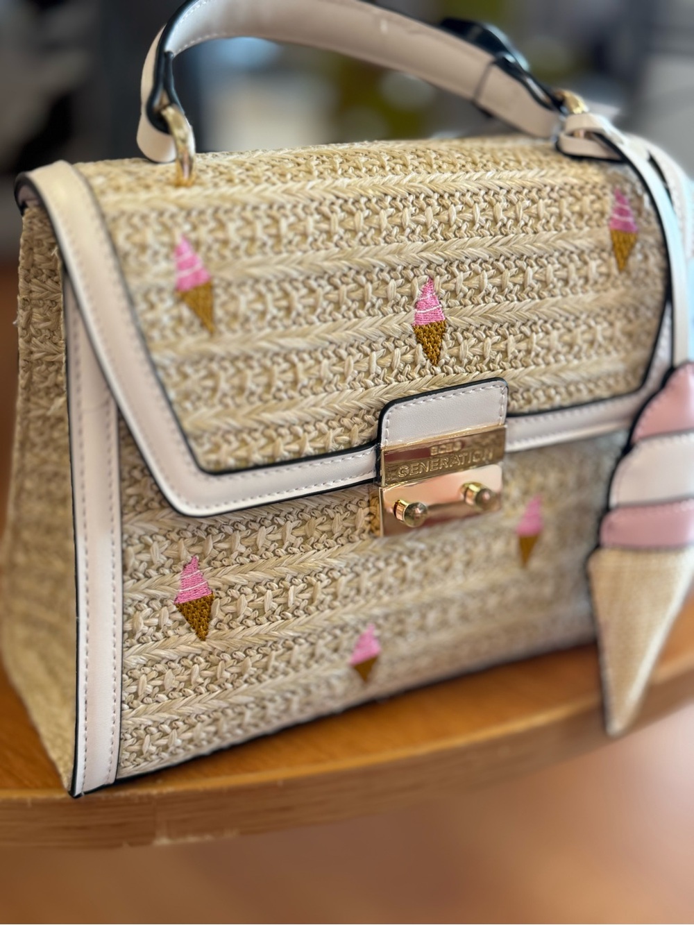 BCBGeneration Pink & Natural Straw Top-Handle Ice Cream Embroidered Bag - Picture 2 of 3